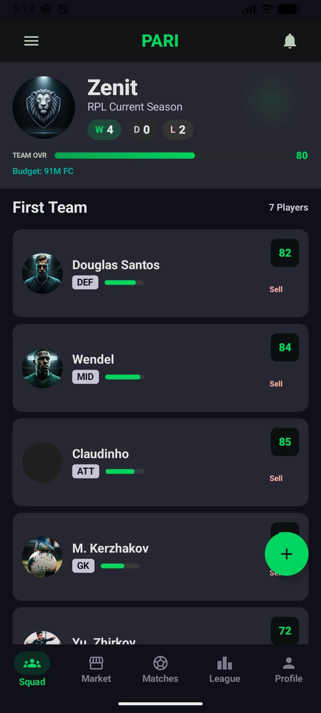 PARI – Russian Premier League manager screen